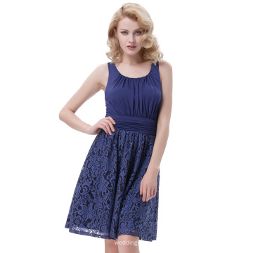 Belle Poque Retro Vintage Sleeveless Crew Neck gefaltet Navy Blue Lace Spleißen A-Line Kleid BP000291-1